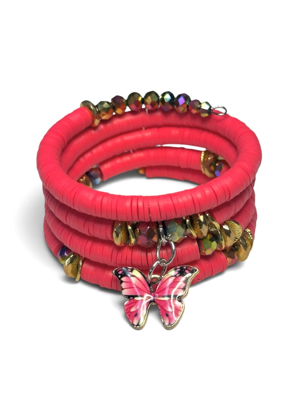 Handcrafted Coral Red Heishi Memory Wire Wrap Bracelet Butterfly Charm